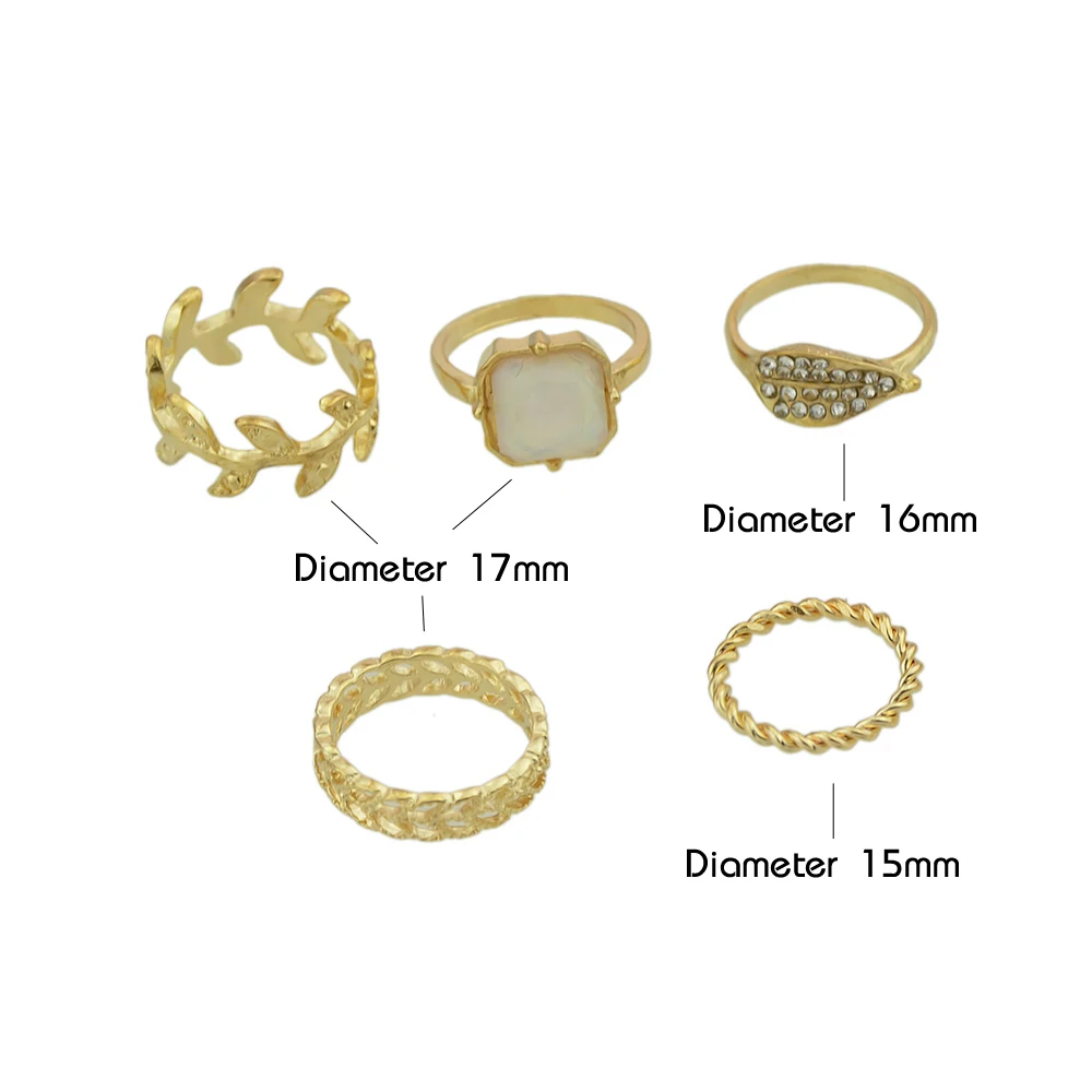 5 Pcs/Set Boho Wedding Rings Gold-Color With Square Leaf Shape Jewelry Hollow Rhinestone Bijoux For Women Accessories | Украшения и
