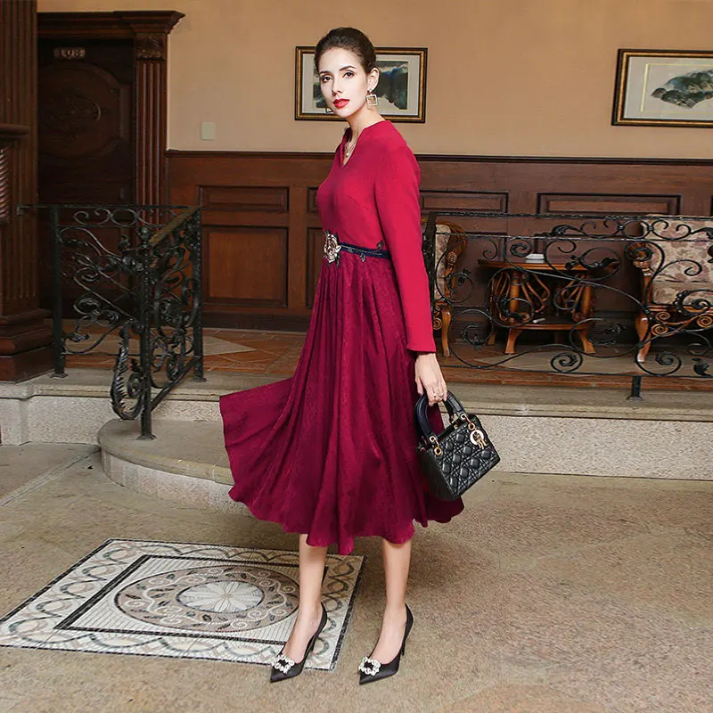 Женское платье макси VOA темно красное шелковое жаккардовое в китайском стиле с