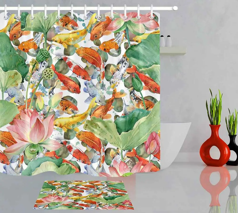 Curtain and mat set Художественная занавеска для душа с изображением карпа и цветка лотоса, занавеска для ванной комнаты, водостойкая ткань для ванной - Цвет: Curtain and mat set