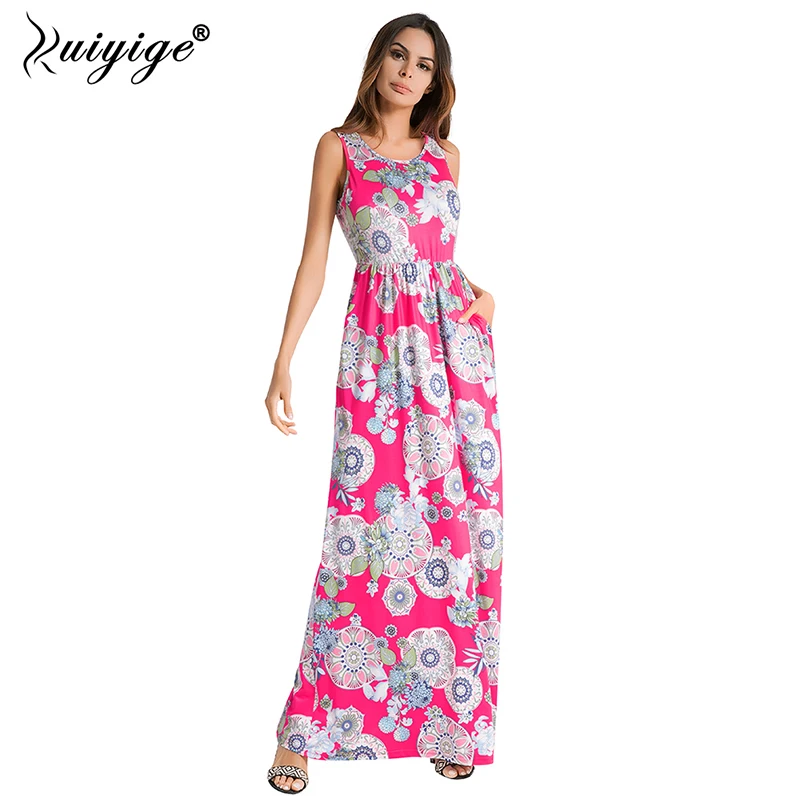 Ruiyige 2018 Women Sexy Tank Maxi Dress Summer Ethnic Floral Print Dresses Casual Pockets Sleeveless Vestidos Long Beach Robes | Женская