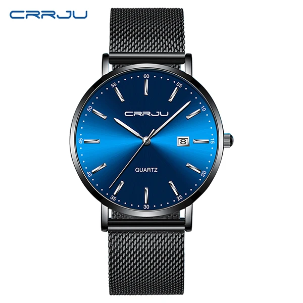 black blue silver CRRJU Классический Бизнес розовый сетчатый ремень Стильные кварцевые часы мужские водонепроницаемые Дата Relogio Masculino Прямая поставка 2161 синий циферблат - Цвет: black blue silver