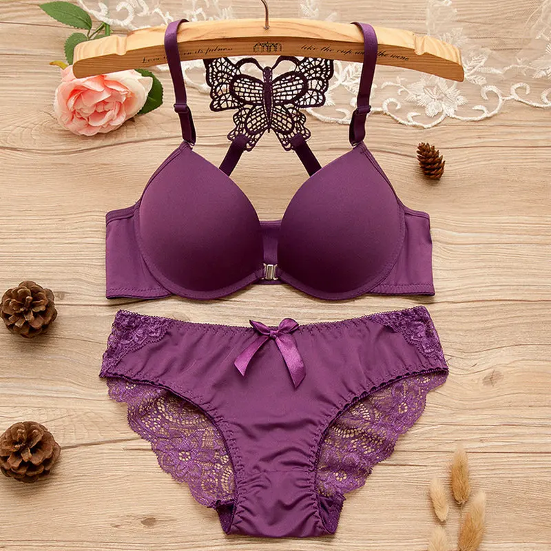 

Sexy Push Up Front Closure Y-line bras and panties Solid Black Seamless Everyday A B C cup underwear Bra Set