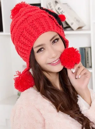Брендовые зимние Skullies женские вязаные шерстяные Цветочные шапочки с наушниками шляпы зимние шапки розовые вязаные женские шляпа с бантиком CP047 - Цвет: Красный