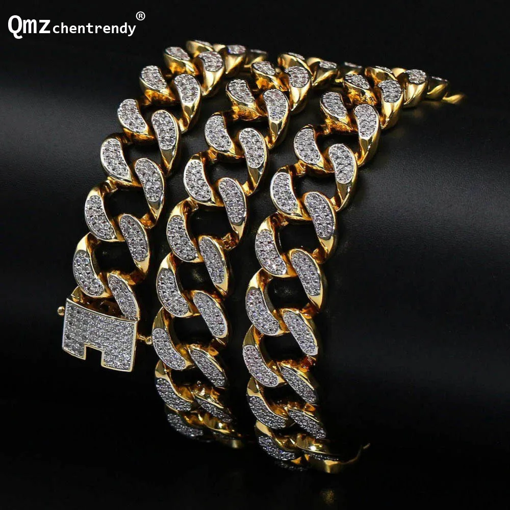 

Men Hip Hop 13mm Cubic Zirconia Iced Out Jewelry Miami Cuban Link Chain Necklace Golden Micro CZ Pave Clasp Bling Bijou