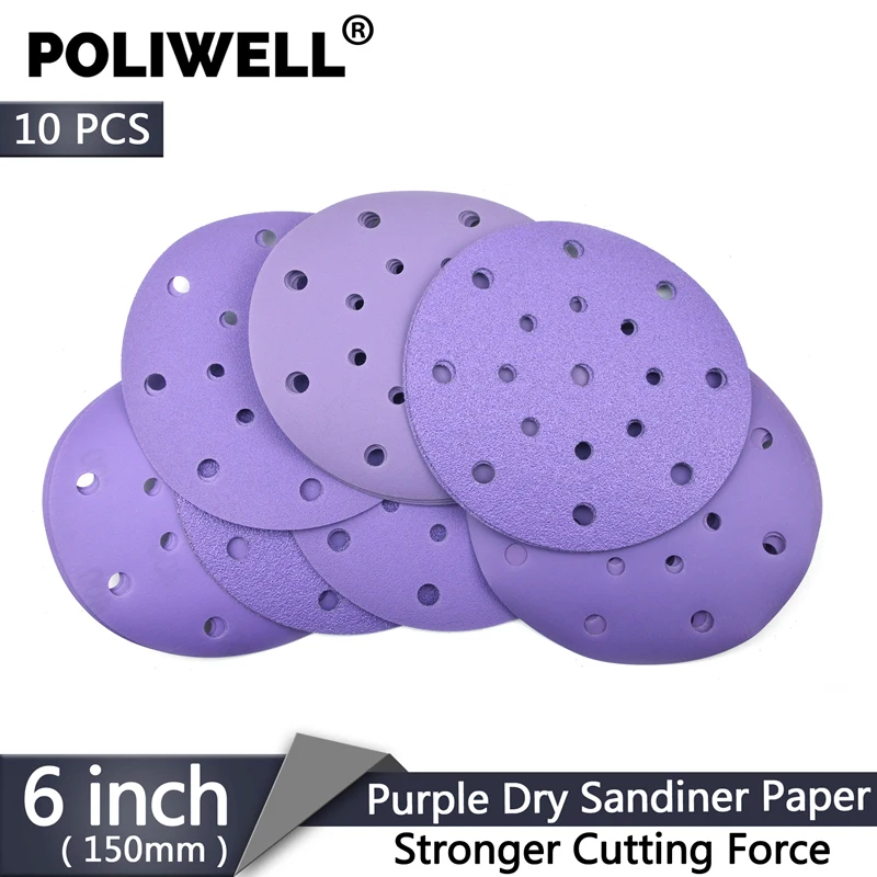 POLIWELL 10 шт. 6 дюймов 17 отверстий зернистость 60-600 фиолетовый Сухой шлифовальный