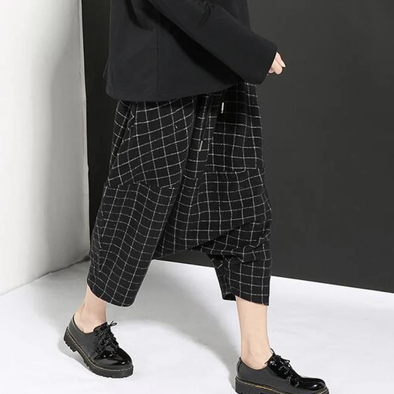 Женские шерстяные клетчатые мешковатые шаровары в стиле хип-хоп широкие брюки