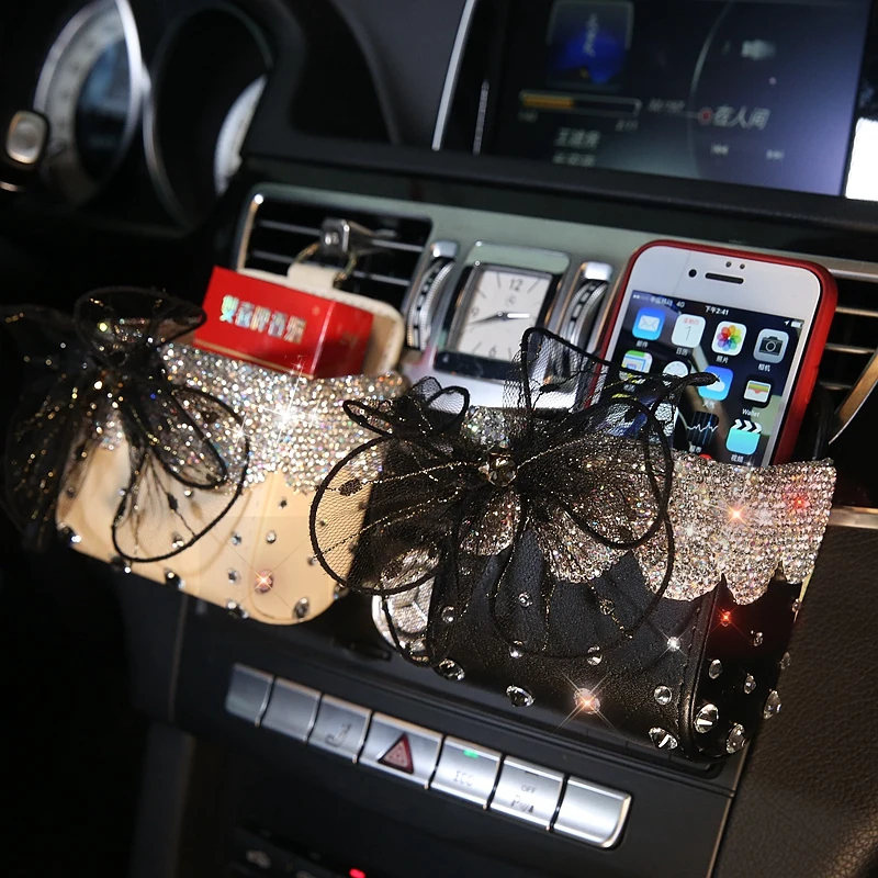 

Diamond Crystal Portable Car Storage Box Bag Lace Bowknot Auto Vent Mount Holder Cosmetics Case Universal Mobile Phone Bag