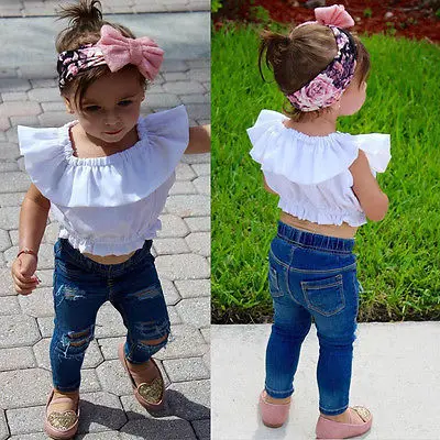 Лето 2017 детская одежда жилет для маленьких девочек майка футболка рваные джинсы