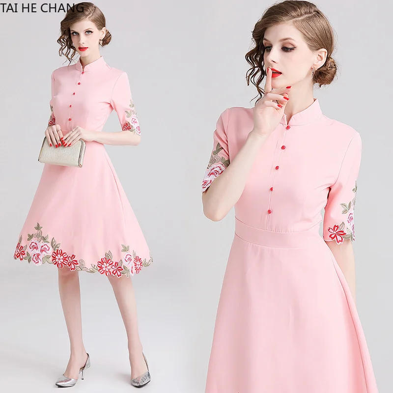 

Women Dress Fashion Retro Spring Summer Elegant Bodycon Vintage Casual Party Runway Embroidery Stand Office Midi Dresses Pink