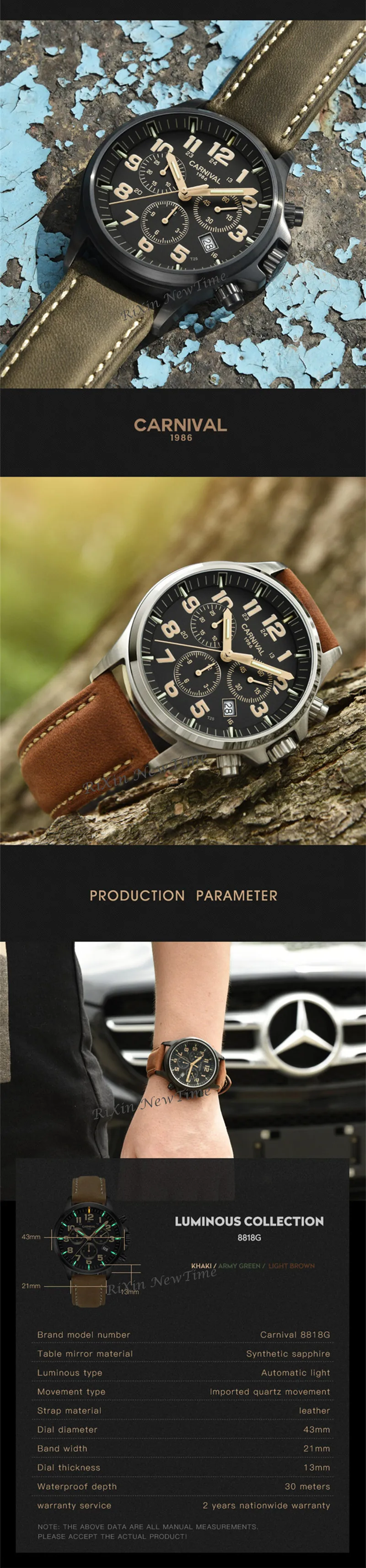 Chronograph2018 карнавал Тритий Светящиеся мужские часы люксовый бренд Ronda кварцевые секундомер часы мужские из натуральной кожи ремешок часы saati
