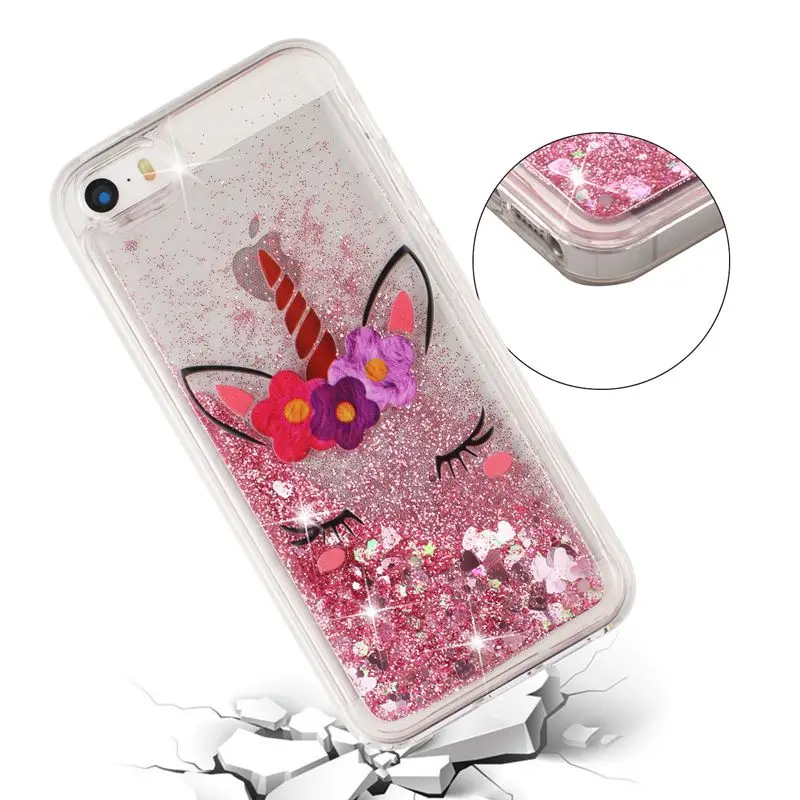 Case For iPhone 5 5s SE Protective Shell Glitter Shine Quicksand Flowing Liquid Unicorn Pattern Shockproof Back Cover Soft TPU |