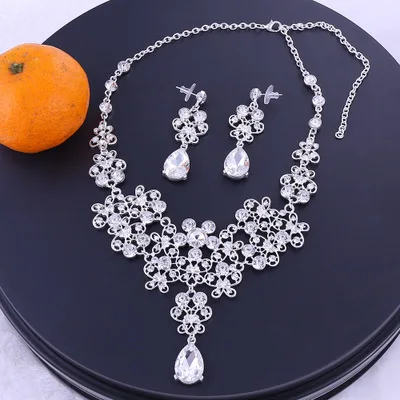 Jewelry set Посеребренные Цветы Кристалл Свадебные Ювелирные наборы корона диадемы эффектное ожерелье серьги Свадебные аксессуары вечерние ювелирные изделия - Окраска металла: Jewelry set