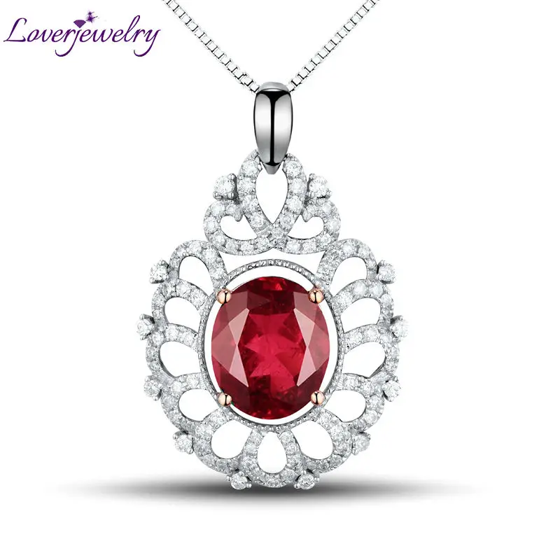 

LOVERJEWELRY Oval Red Gemstone Jewelry 14kt Two Tone Gold With Natural Diamond Ruby Engagement Pendants Necklace for Wife Gift