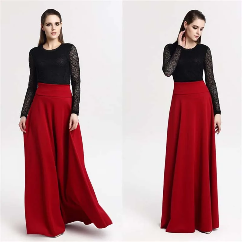 S, m, l, 5XL, высокая талия, плиссированная, элегантная юбка, ампир, сплошной цвет, женские длинные юбки размера плюс, для девушек, трапециевидная юбка, винно-красный, черный, синий