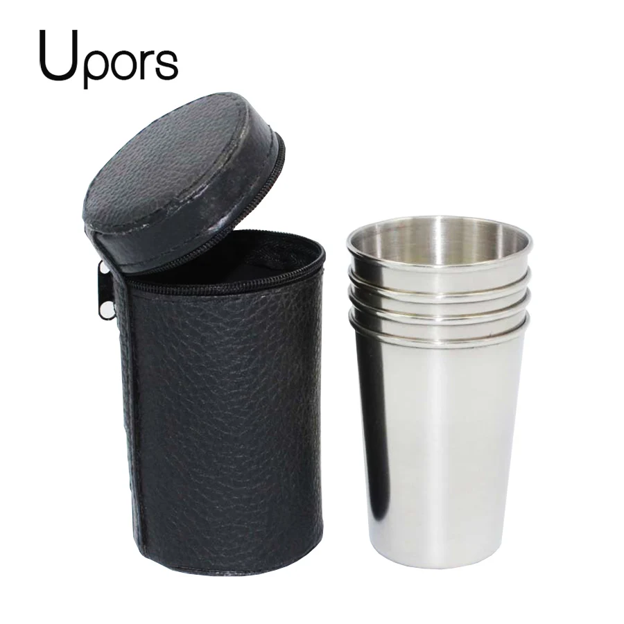 

4pcs/lot+Cup Leather Sets Outdoor Portable Stainless Steel Hip Flask Cup 30ML/70ML Hip Flask Special Glasses Flagon Wine Cup