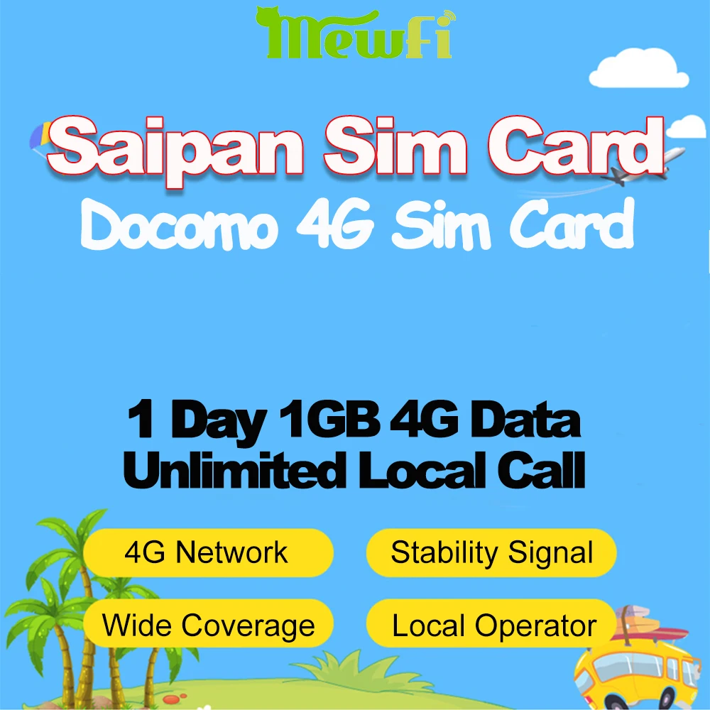 Mewfi Saipan Guam Prepaid Travel Sim Card 1 day 1GB 4G Date+Unlimited local Call Docomo Local Network 3in1 Mobile phone |