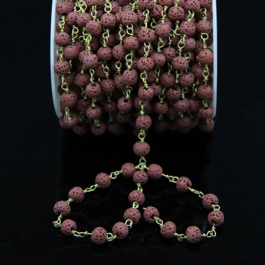 5Meters 6mm Natural Lava Bronze Copper Chain Red Volcano Rock Round bead Brass Wire Wrapped Rosary Style Charms | Украшения и