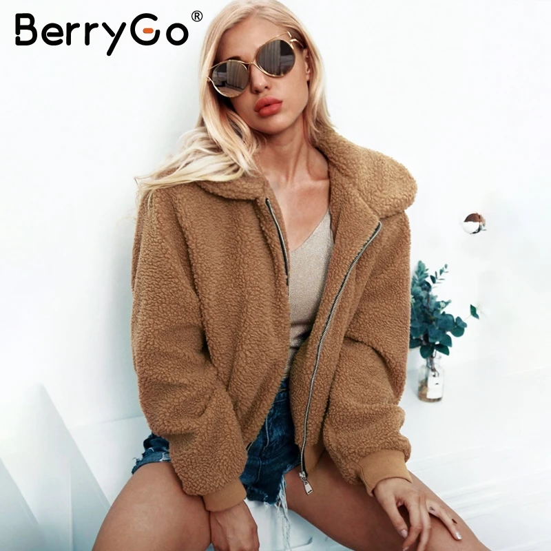 BerryGo Винтаж из искусственного меха Тедди куртка Для женщин толстые теплые