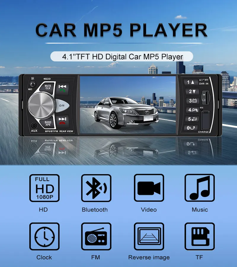 Авторадио 1 Din, автомагнитола, Bluetooth, стерео, автомагнитола, oto teypleri, заднего вида, Vamera 4022d, Multimidia, MP5, Автомобильный плеер, pantalla TF
