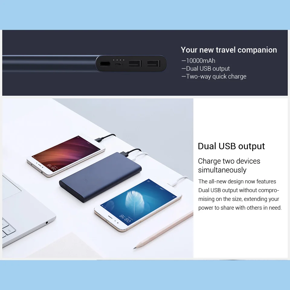 10000 мАч Xiao mi power Bank 2 внешняя батарея 18 Вт Быстрая зарядка mi power bank Внешнее зарядное устройство для мобильного телефона