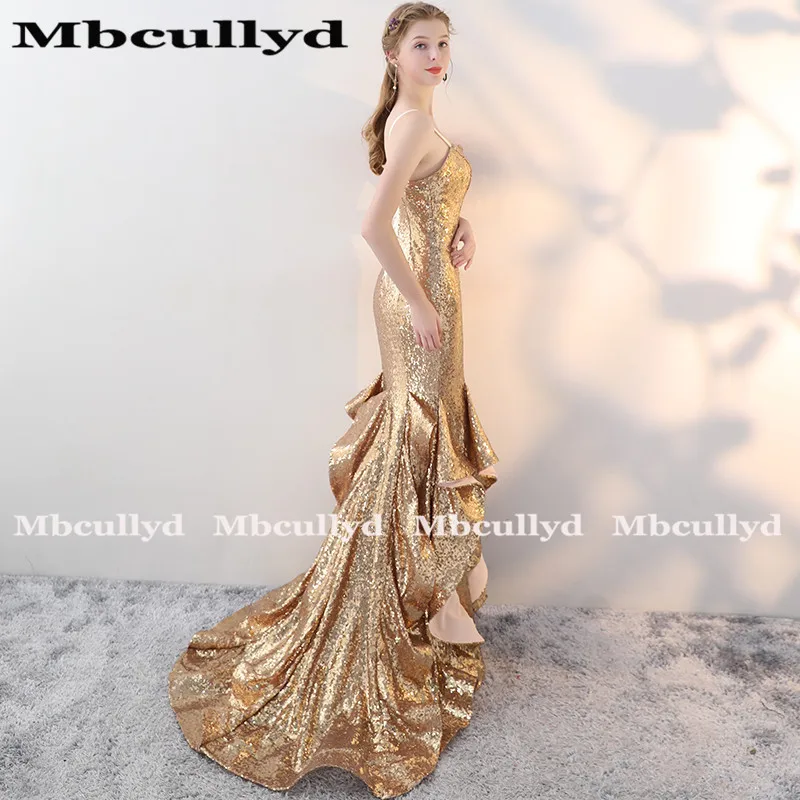 Женское длинное вечернее платье с блестками Mbcully золотистое юбкой годе открытой