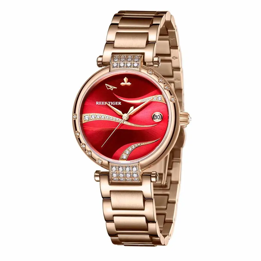 Reef Tiger/ RT Red Dial Rose Gold Luxury Fashion Diamond Women Watches Stainless Steel Bracelet Automatic RGA1589 enlarge