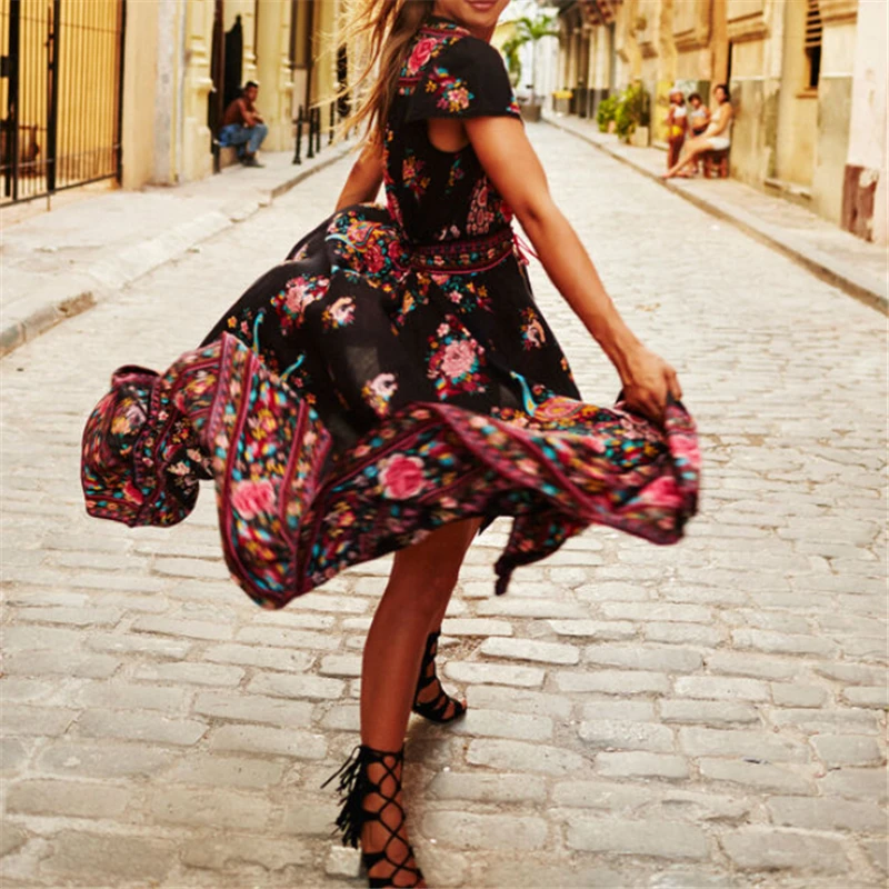 Женское модное летнее шифоновое платье Boho винтажное до щиколотки с глубоким