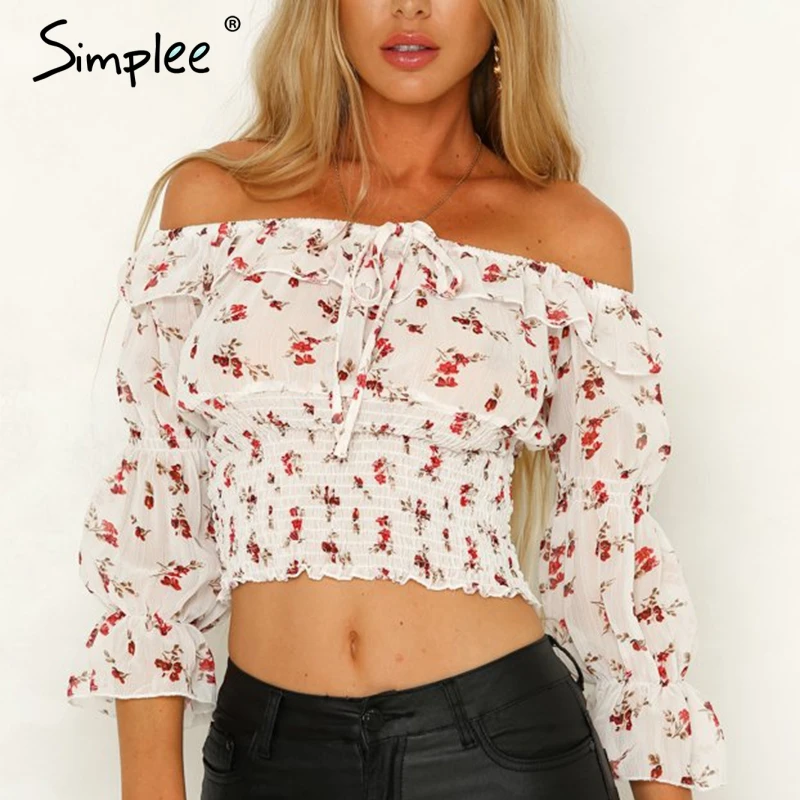 Simplee пикантные с открытыми плечами для женщин блуза рубашка Элегантная Раффлед