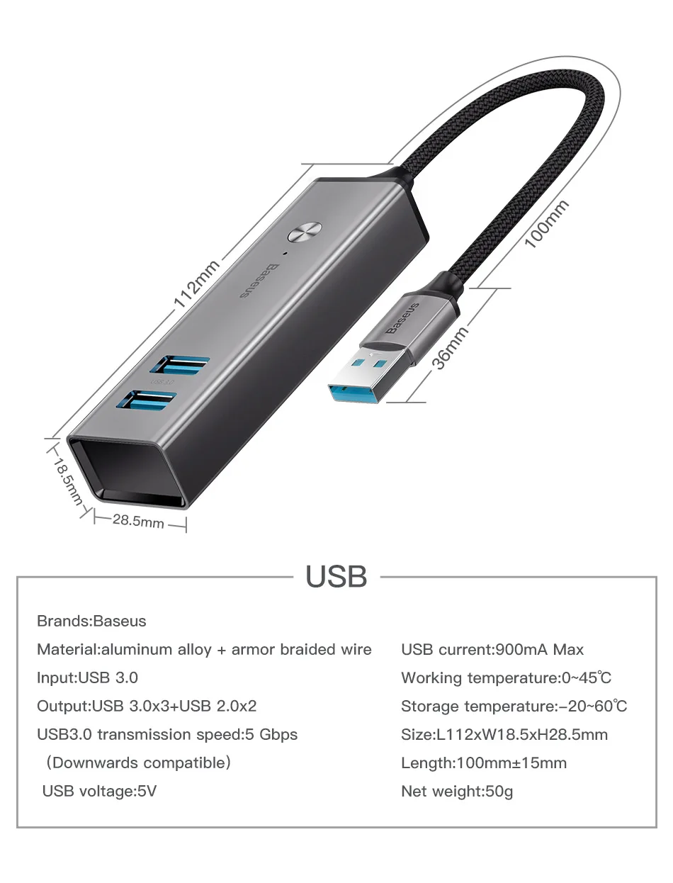 Baseus Мульти USB 3,0 2,0 USB C концентратор Тип C концентратор 5 Порты и разъёмы концентратор USB type C адаптер с индикатором светильник для Macbook Pro ноутбук компьютер