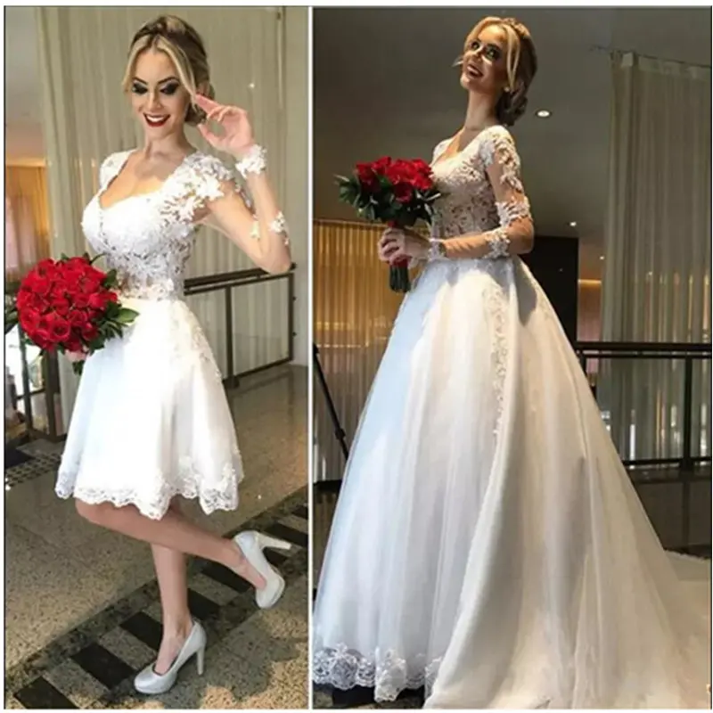 Vestidos De Novia элегантное короткое свадебное платье с кружевной аппликацией, свадебное платье с длинным рукавом и отстегивающейся юбкой