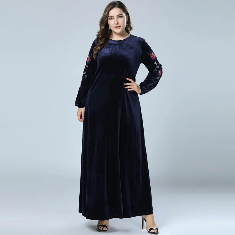 Осенне-зимнее женское бархатное мусульманское Макси-платье abaya, Дубай, абайя s, с длинным рукавом, кафтан, исламские платья, темно-синие, vestido, большие размеры