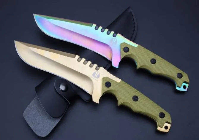 2 цвета! Цвет/позолоченный титановый охотничьи закрепленные ножи 9Cr18Mov лезвие G10
