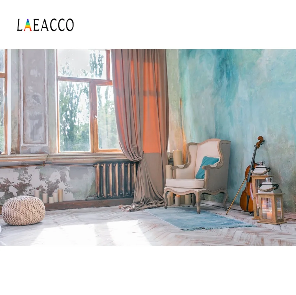Laeacco фото фон старый сельский дом цементная стена кресло гитара свеча занавес детский интерьер фото фон фотостудия