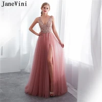 janevini luxury beaded long bridesmaid dresses a line sexy deep v neck high split backless tulle formal prom gowns vestidos dama