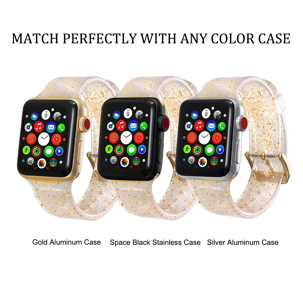 Блестящий силиконовый ремешок для Apple Watch 38mm42mm/40mm44mm замена ремешок для спортивных часов резиновый браслет для iwatch серии 4 3 2 1 часы