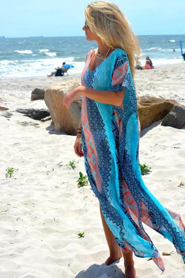 Новый 2018 Для женщин длинные пляжная туника платье дамы Винтаж графический принт