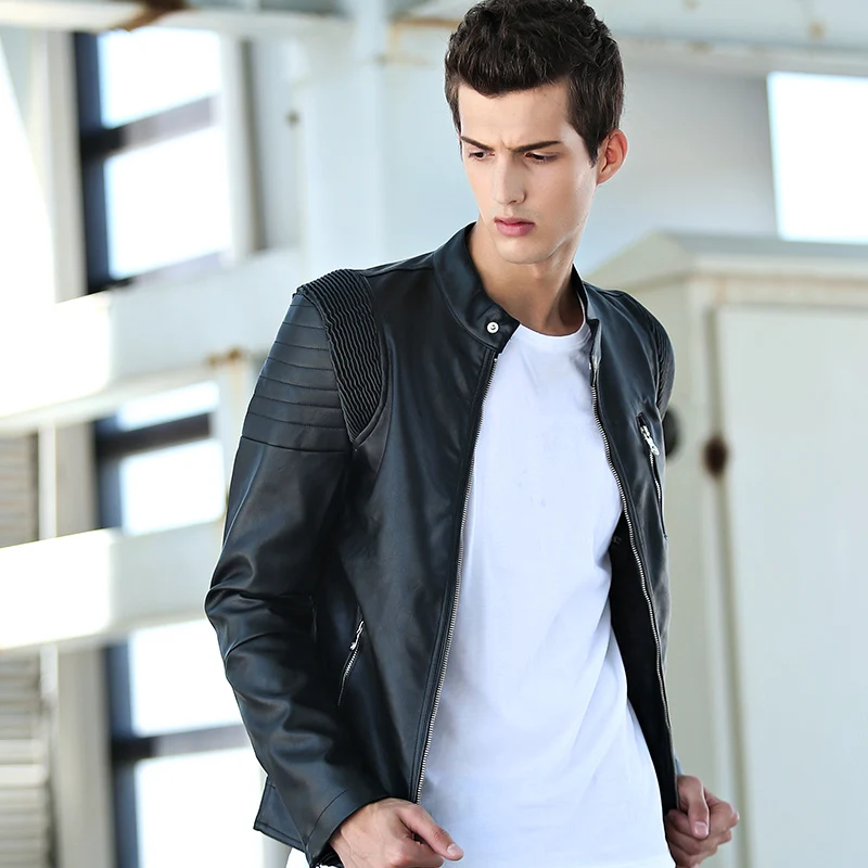 2018 New Mens Leather Men Slim Washed PU And Viscose Material Motorcycle Jacket Stand Collar Casual Ruched Zipper | Мужская одежда