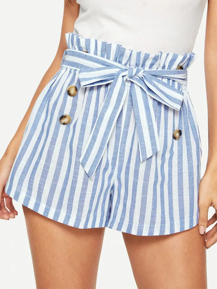 Синий Blue High Waist Striped Sashes Shorts Women Summer Sexy Button Mini Shorts Harajuku Ladies Summer Shorts Female - Цвет: Синий