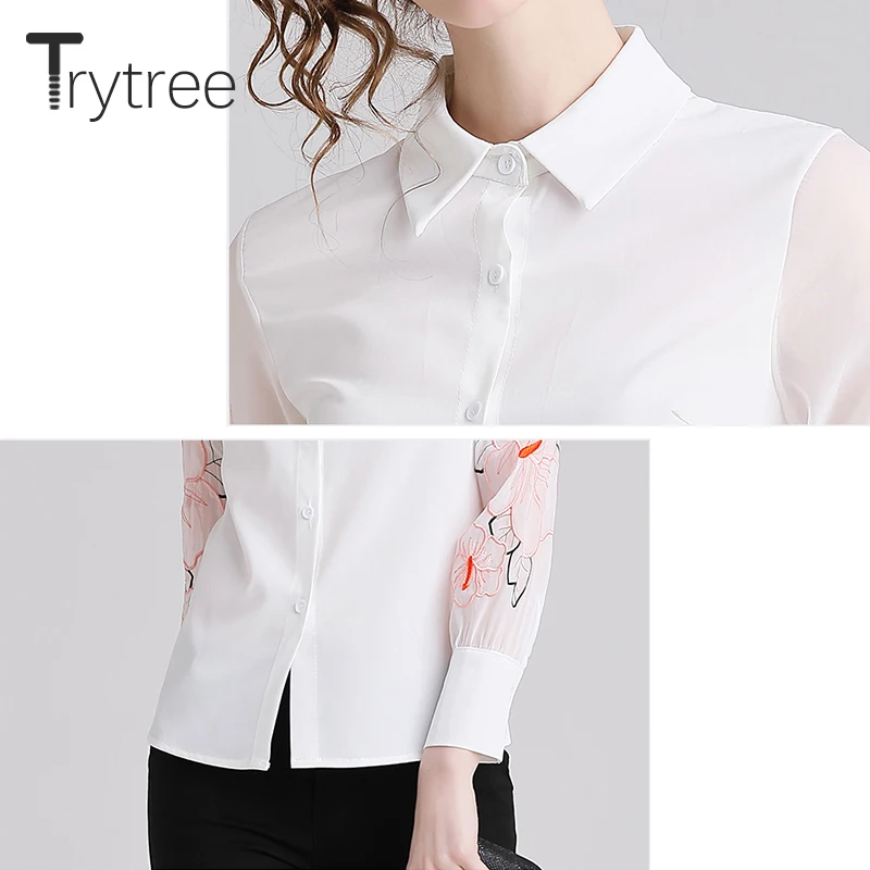 Trytree лето осень женская блузка Повседневная Вышивка рукава полиэстер рубашка