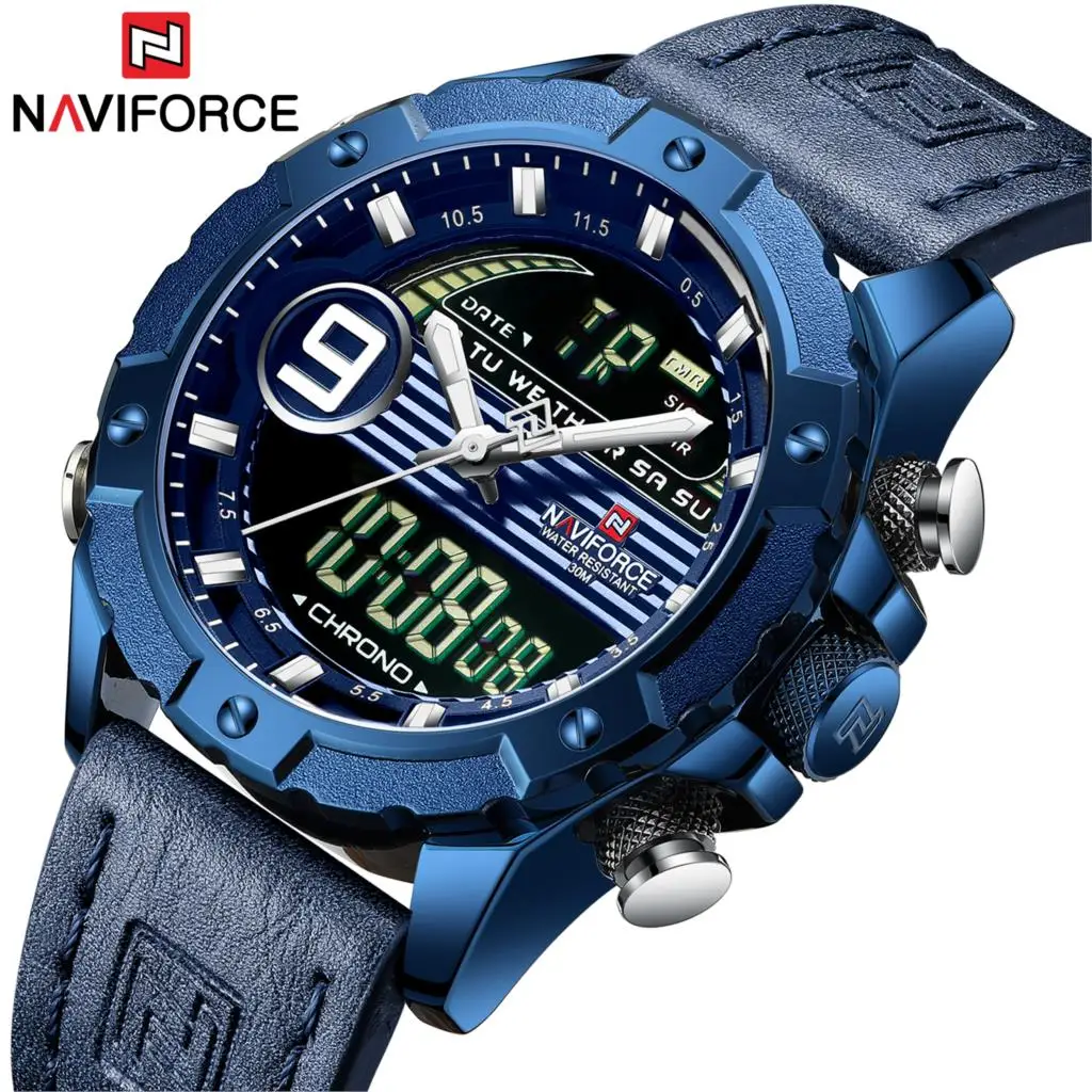 NAVIFORCE брендовые новые синие мужские часы кожаный Спортивный Хронограф военные кварцевые часы Аналоговые Цифровые 3ATM водонепроницаемые