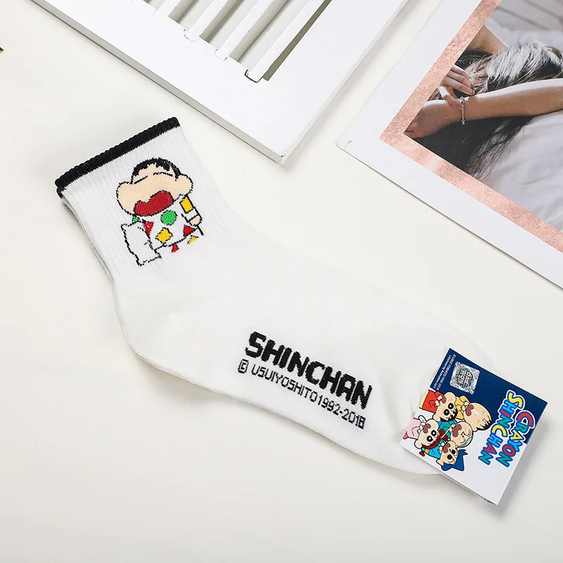 Носки японского Аниме Crayon Shin chan, милые забавные Модные женские носки с мультяшным принтом, весна-осень, белые хлопковые короткие носки