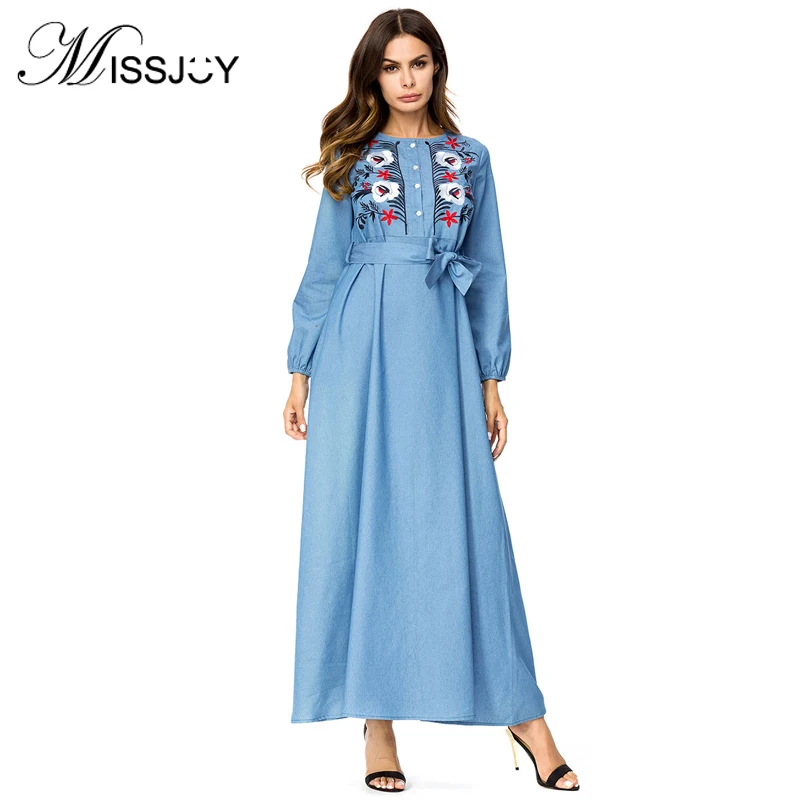MISSJOY 2018 abaya вышитое джинсовое мусульманское женское платье ретро с длинным