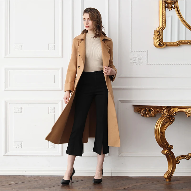 VOA Camel Wool Coat Women Long Overcoat Winter Warm Outerwear Cashmere Double Breast Coats Bow Belt Ladies Black Clothes SA7293 | Верхняя