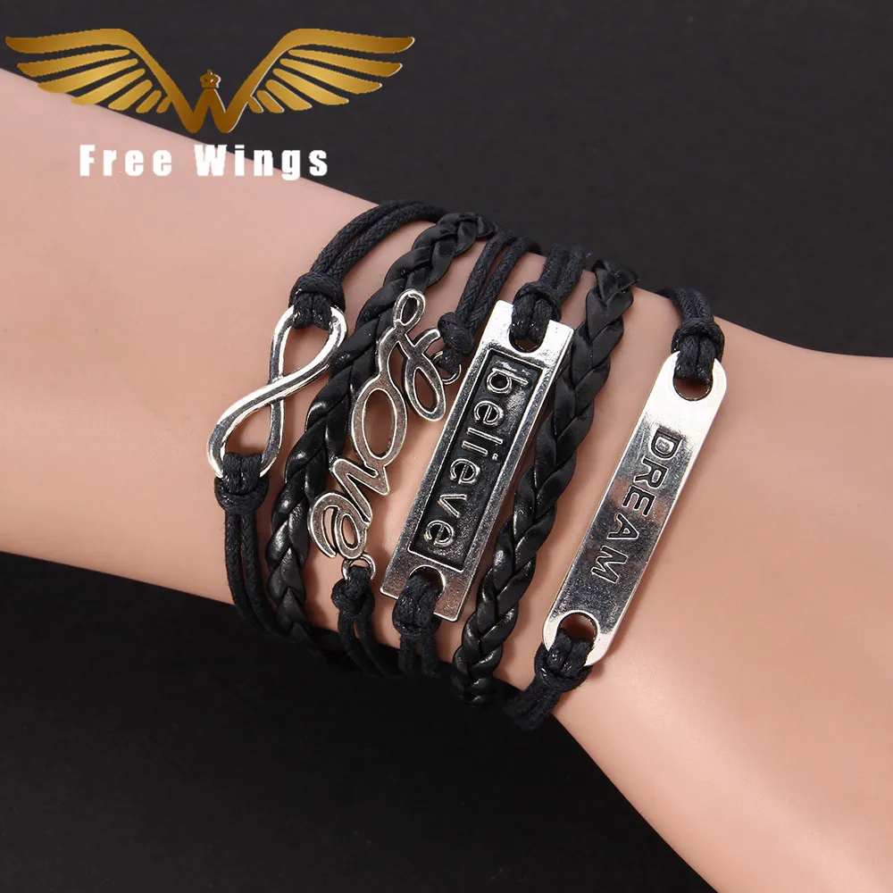 Мужской браслет бесконечной любви темно черного цвета кожаный Шарм богемные