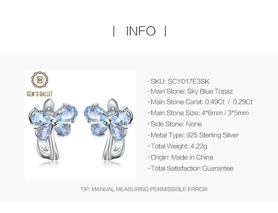 GEM'S BALLET, 925 пробы, серебряные милые серьги-гвоздики с бабочкой, 3.15Ct, натуральный голубой топаз, серьги для женщин, хорошее ювелирное изделие