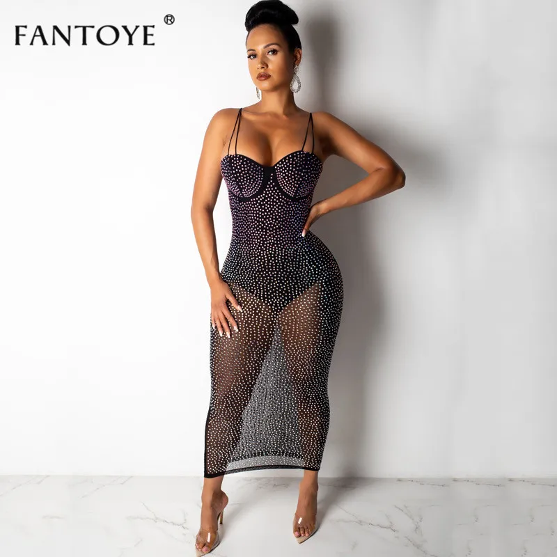 Fantoye Sxey Сетчатое прозрачное женское платье летние бриллианты Кружева Bodycon макси платье для женщин платья для вечеринок Vestiods наряды