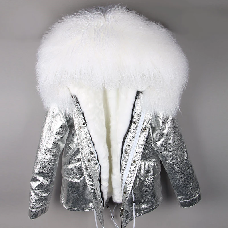 silver white Зимняя женская куртка, парка, пальто из натурального меха, парки из натурального меха монгольской овцы, Толстая теплая Роскошная съемная верхняя одежда, уличная одежда - Цвет: silver white