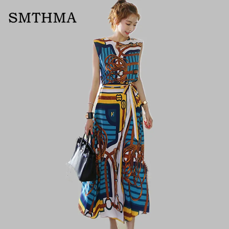 Photo Color SMTHMA, высокое качество, однобортный летний женский топ без рукавов с принтом+ эластичная талия, костюм из двух частей с юбкой - Цвет: Photo Color