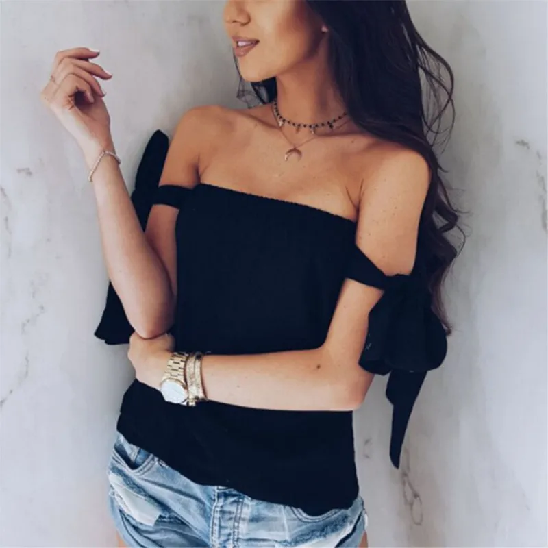 

Summer Women Casual Sleeveless Tops Blouse New 2018 Ladies Fashion Off Shoulder Tops Fashion Pure Color Loose Crop Tops Shirt
