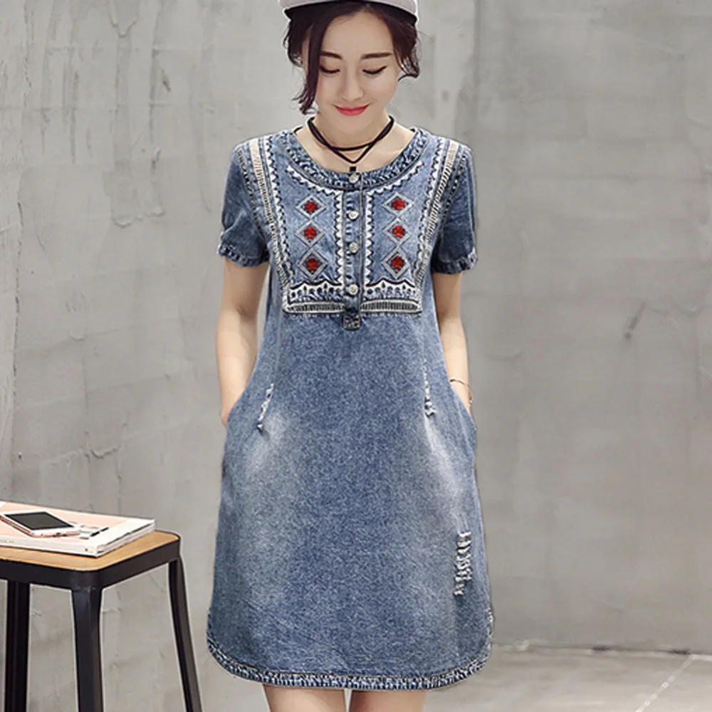 2019 платье из джинсовой ткани с вышивкой в винтажном стиле Мягкие повседневное